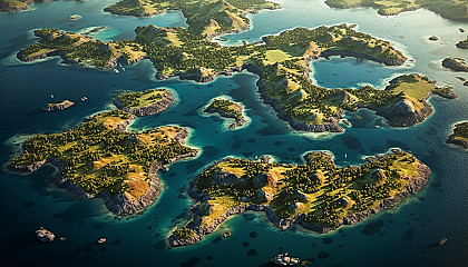 An archipelago of small islands seen from a bird's eye view.