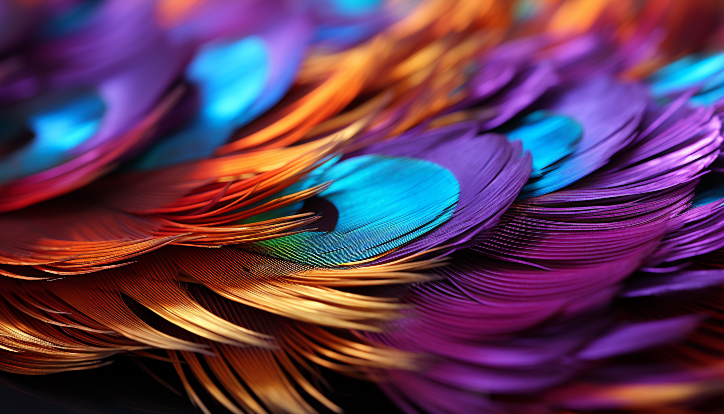 The iridescent sheen of a peacock feather up close.