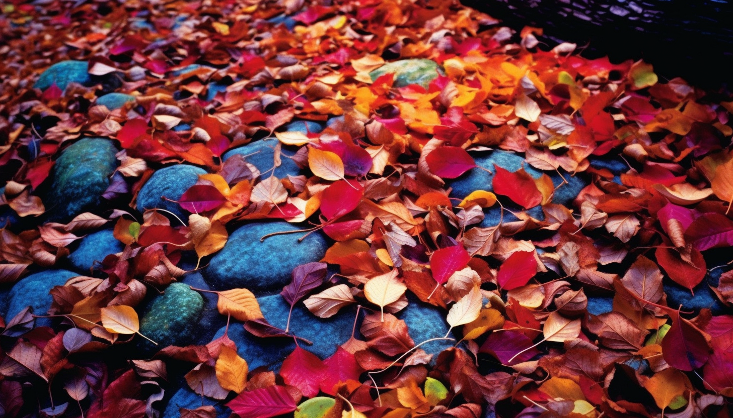 A forest floor carpeted with colorful fallen leaves in autumn.