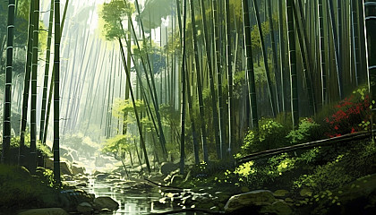 A dense bamboo forest swaying in the wind.