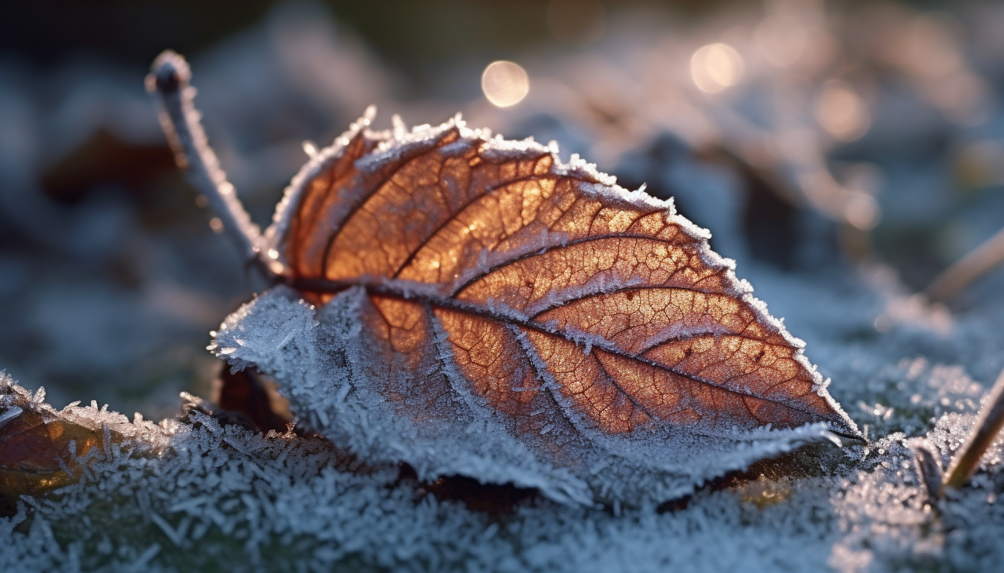 The glistening frost on a leaf on a cold winter morning.