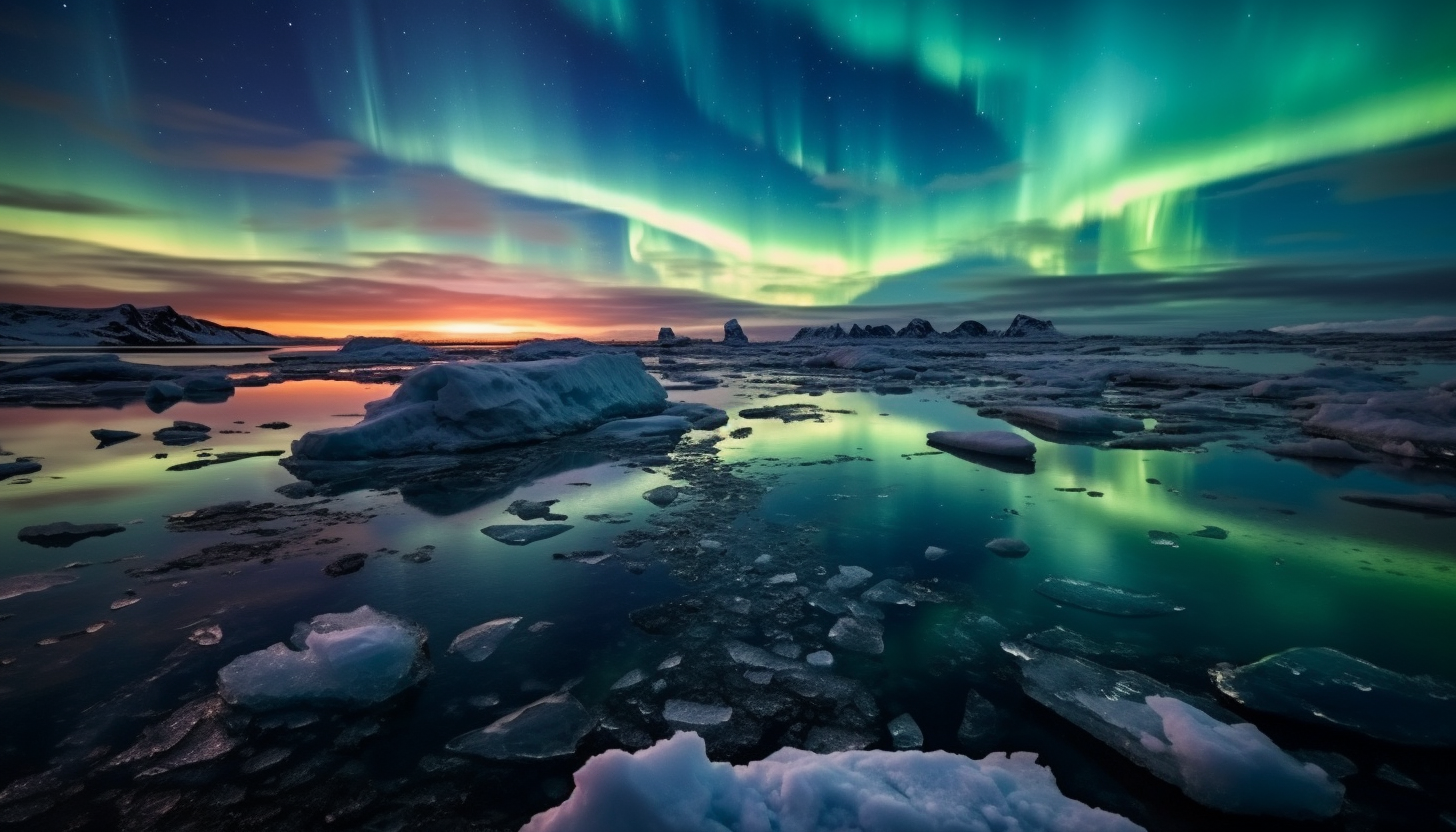 Icy tundra under the glow of the ethereal northern lights.