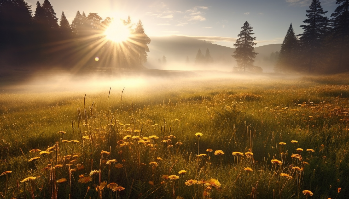 Sunlight filtering through the fog in an early morning meadow.