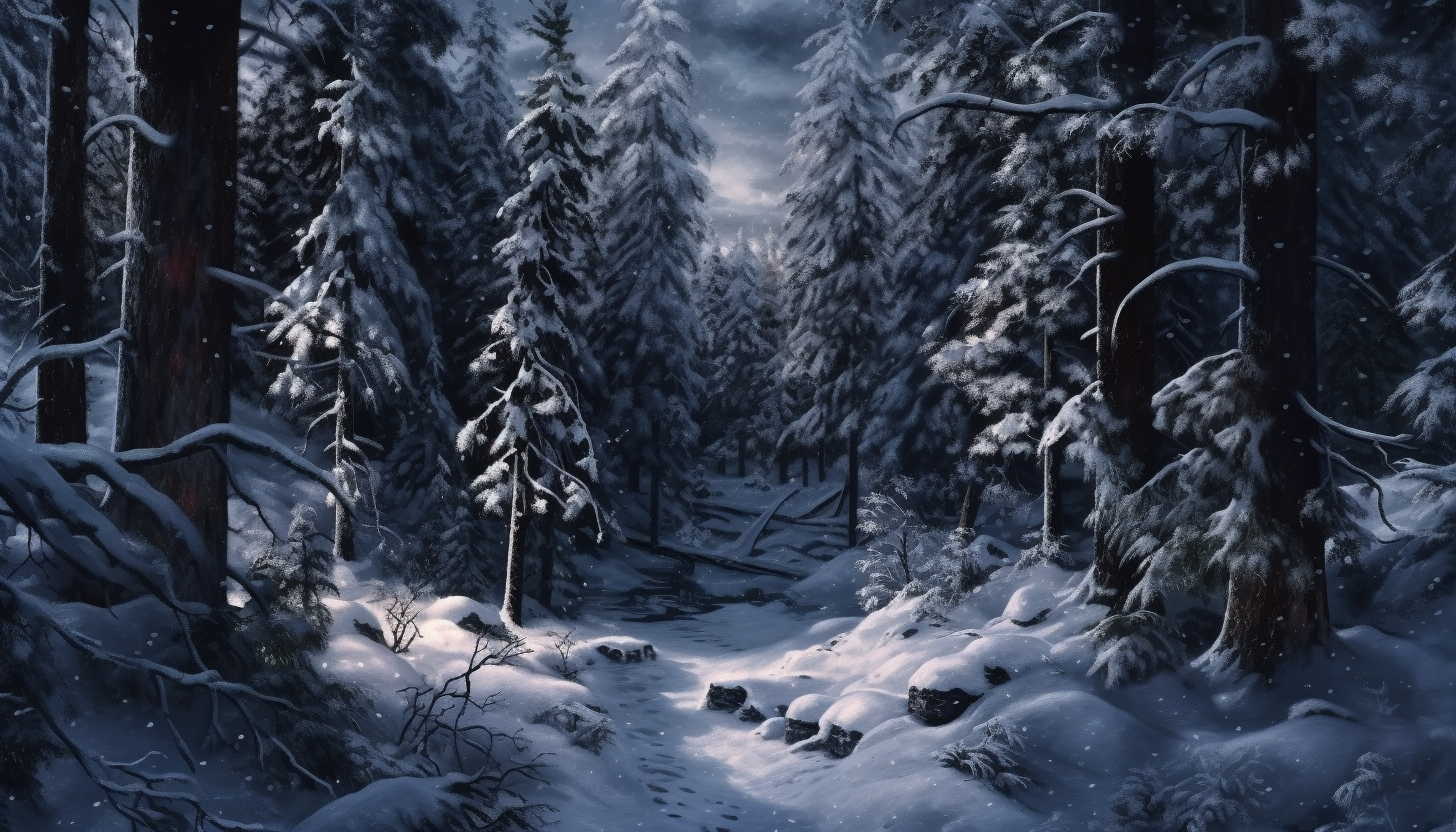 A silent, snow-covered pine forest under the soft glow of moonlight.