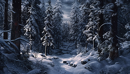 A silent, snow-covered pine forest under the soft glow of moonlight.