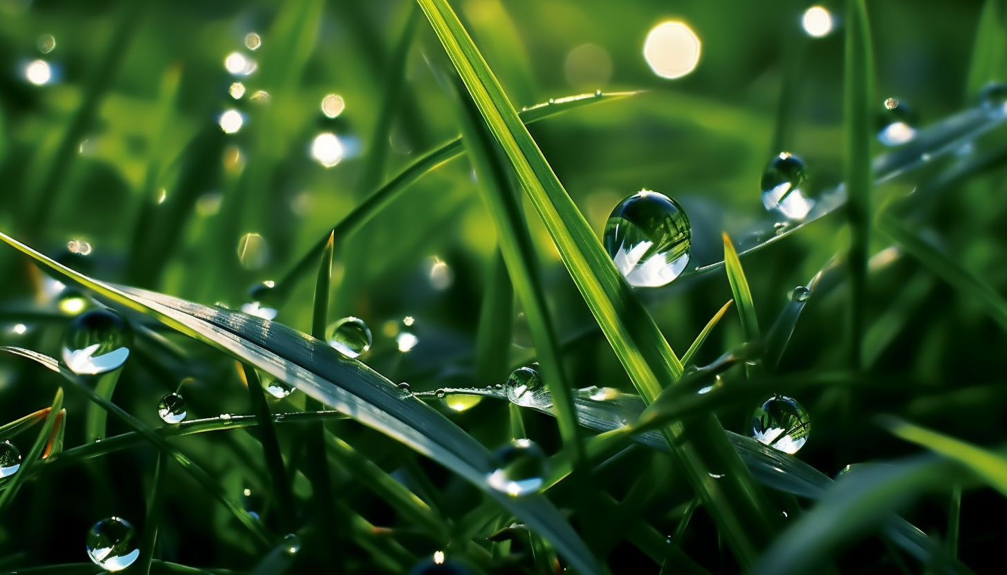 Dewdrops sparkling like diamonds on blades of grass.