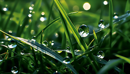 Dewdrops sparkling like diamonds on blades of grass.