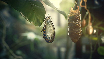 A fragile cocoon attached to a leaf, a butterfly's transformation in progress.