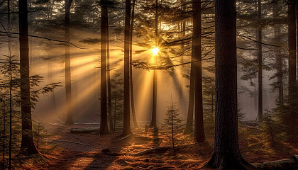 Rays of the setting sun piercing through a misty forest.