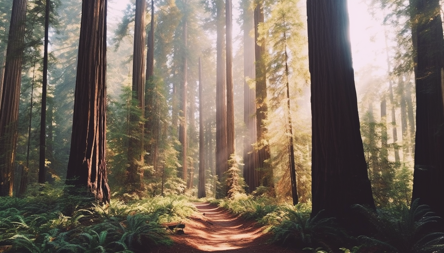 Majestic redwood trees towering in a forest grove.