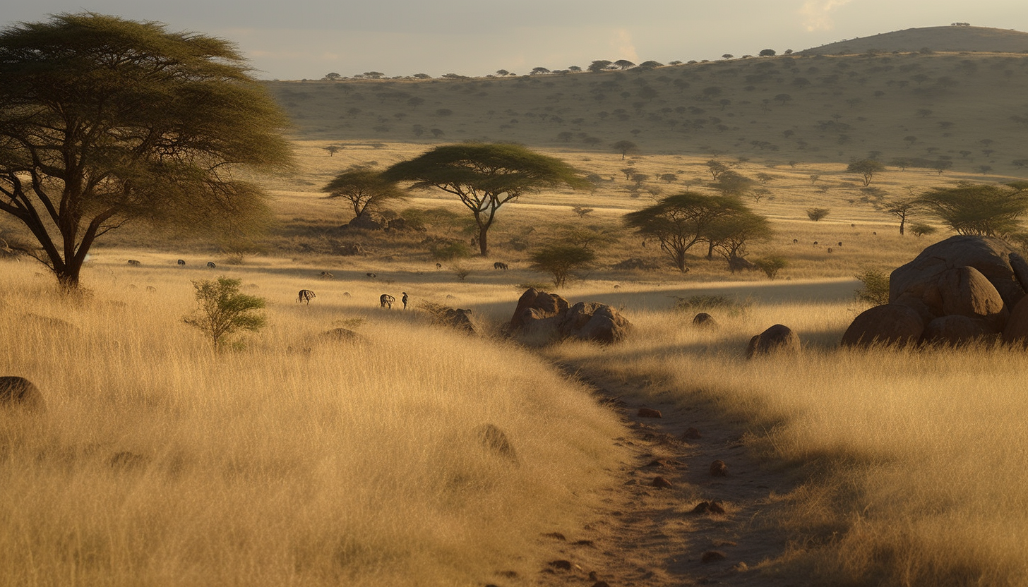 Sweeping savannah landscapes with diverse wildlife and acacia trees.