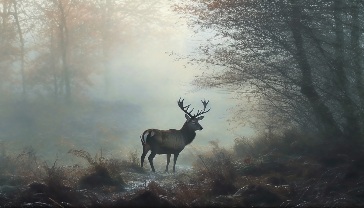 A wild deer appearing from the mist in a quiet, frosty morning.