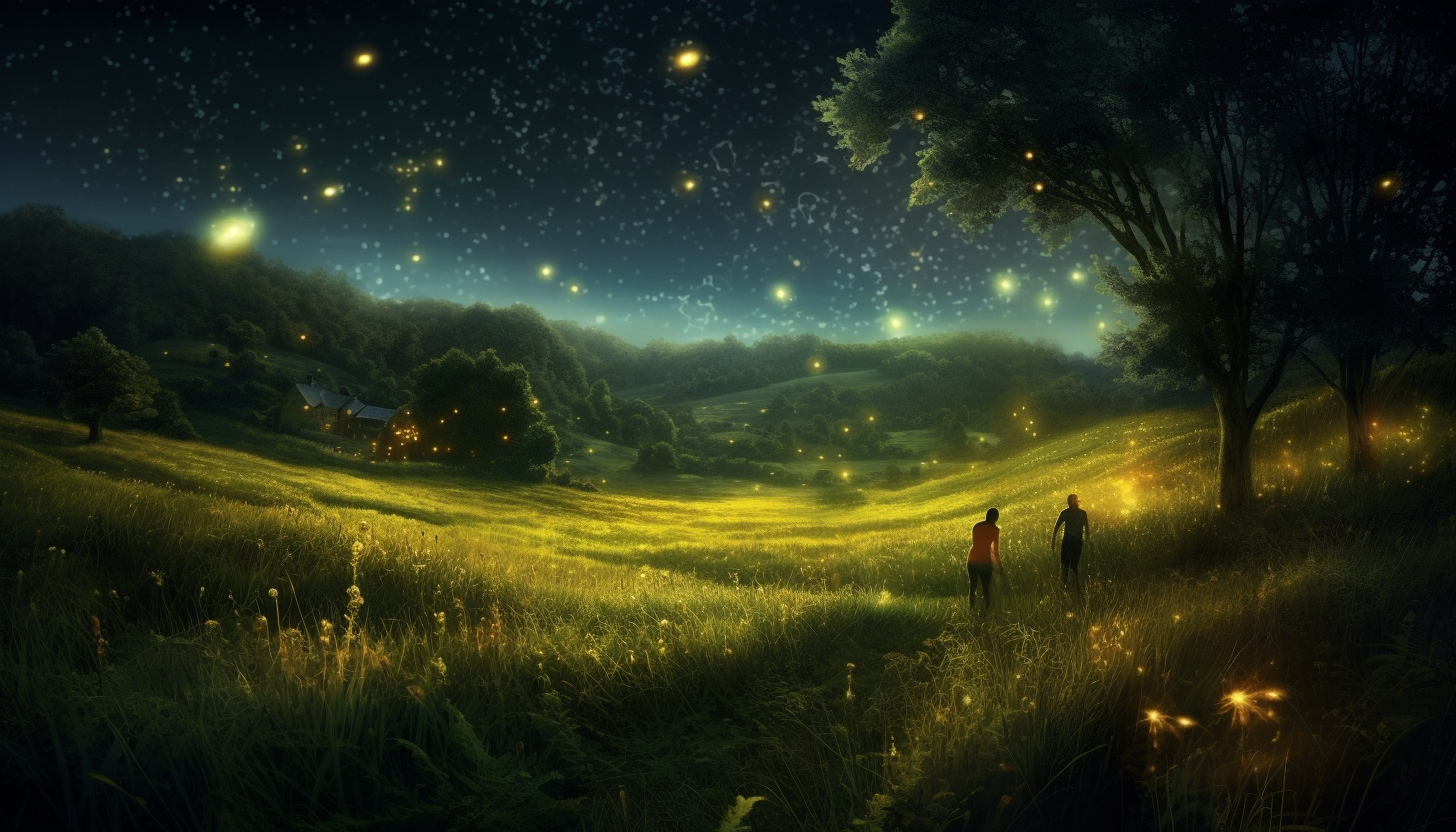 Fireflies illuminating a summer night in the countryside.