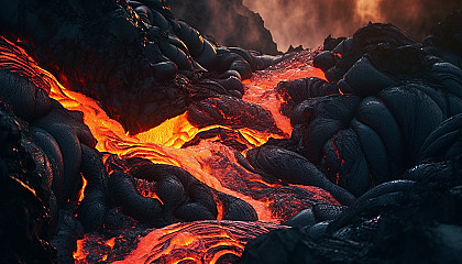 Fiery lava flowing down a rugged volcanic slope.