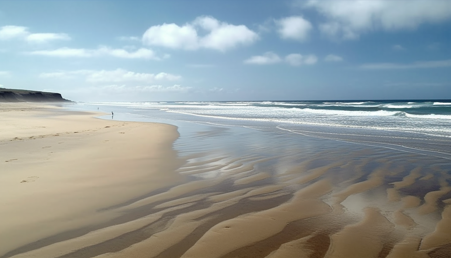 Tide receding to reveal an expansive, sandy beach.