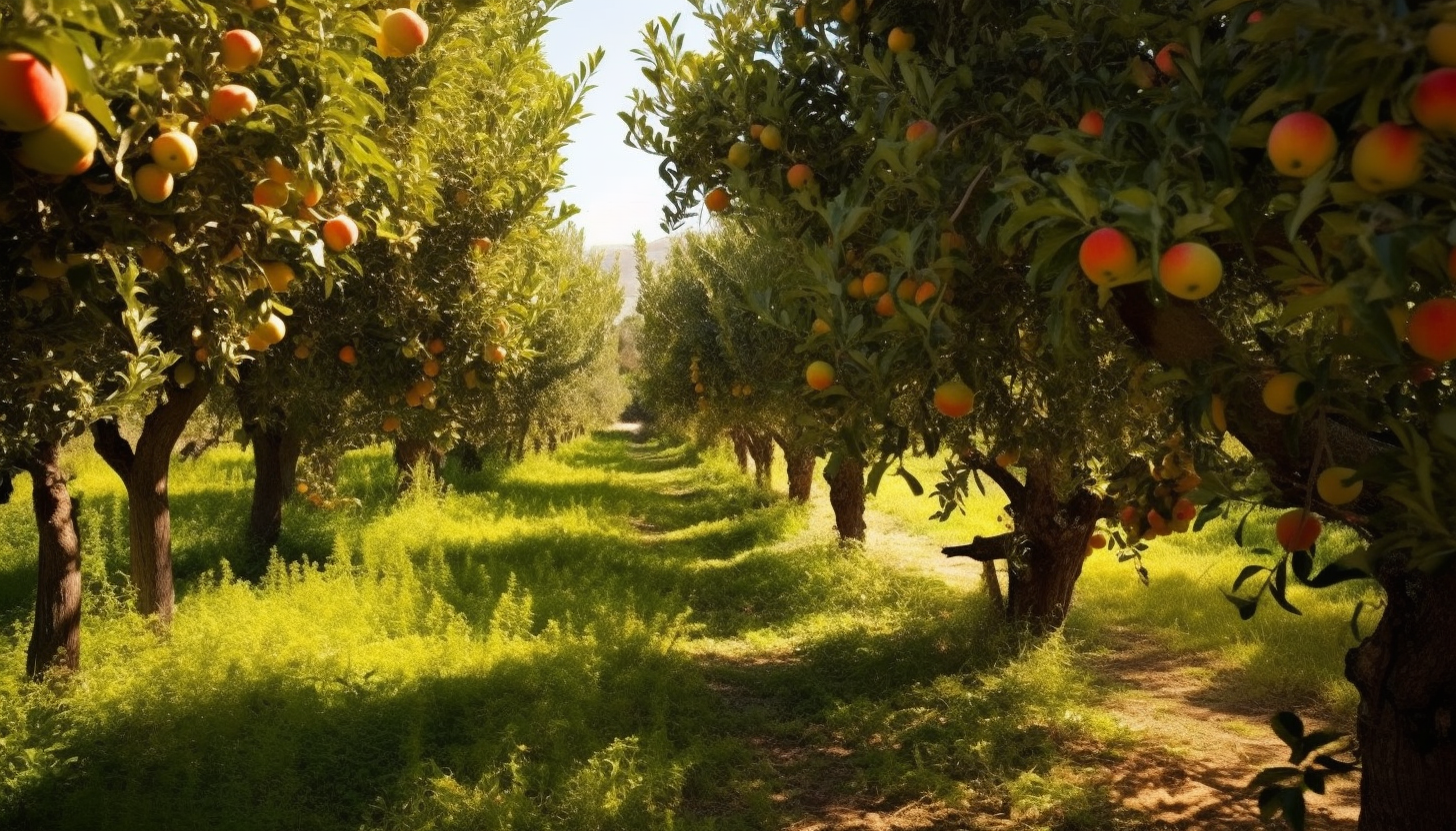 An orchard of fruit trees heavy with ripe, seasonal produce.