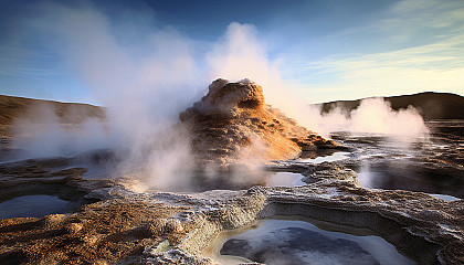 Steaming geysers erupting in a rugged geothermal landscape.