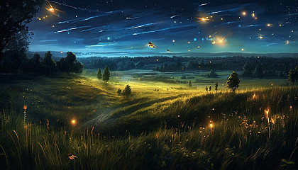 Fireflies illuminating a summer night in the countryside.