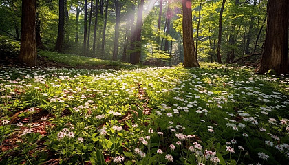 Sun-dappled forest floor carpeted with wildflowers.