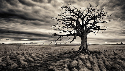 An old, gnarled tree standing alone in a vast field.