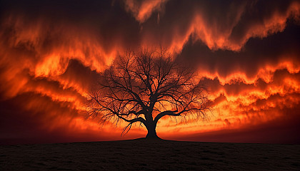 The silhouette of a single tree against a fiery sunset.