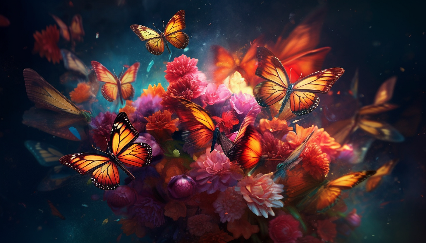 A swarm of colorful butterflies around a blooming flower.