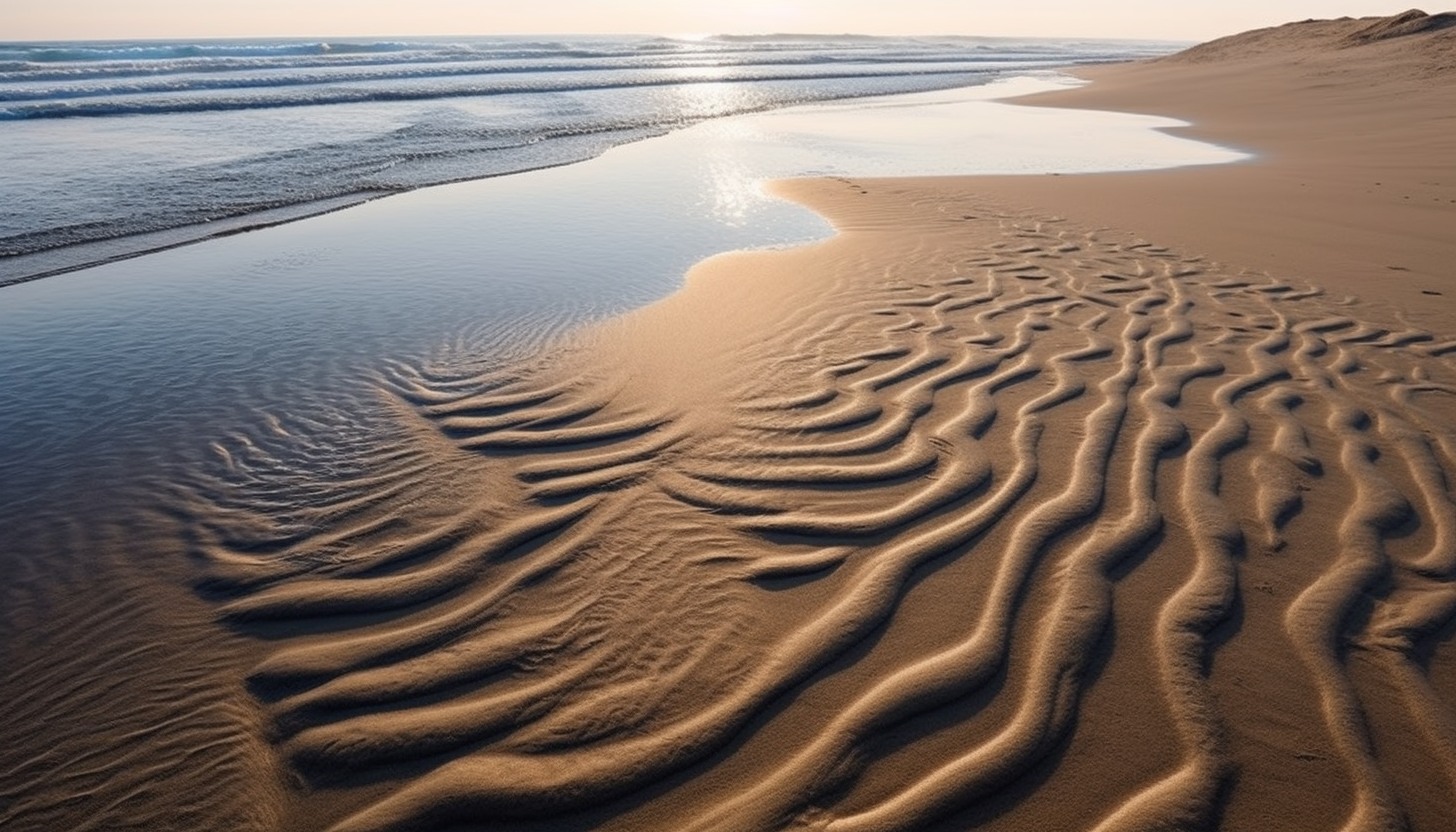 Sand patterns left behind by receding waves on a pristine beach.