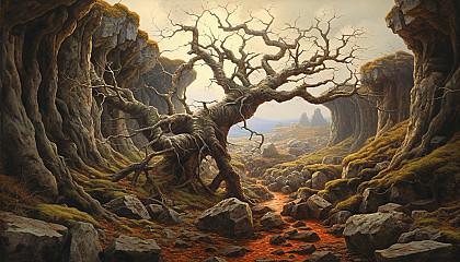 Gnarled tree roots breaking through a rocky landscape.