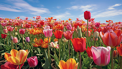 A cluster of vibrant tulips in a spring field.