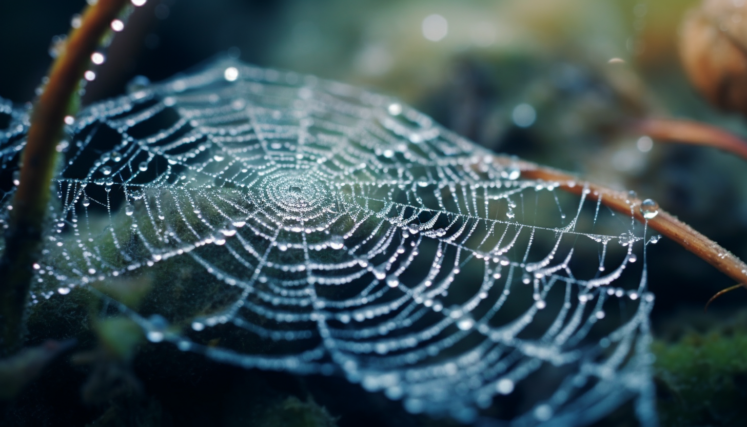 Glittering frost covering delicate spiderwebs on a cold morning.