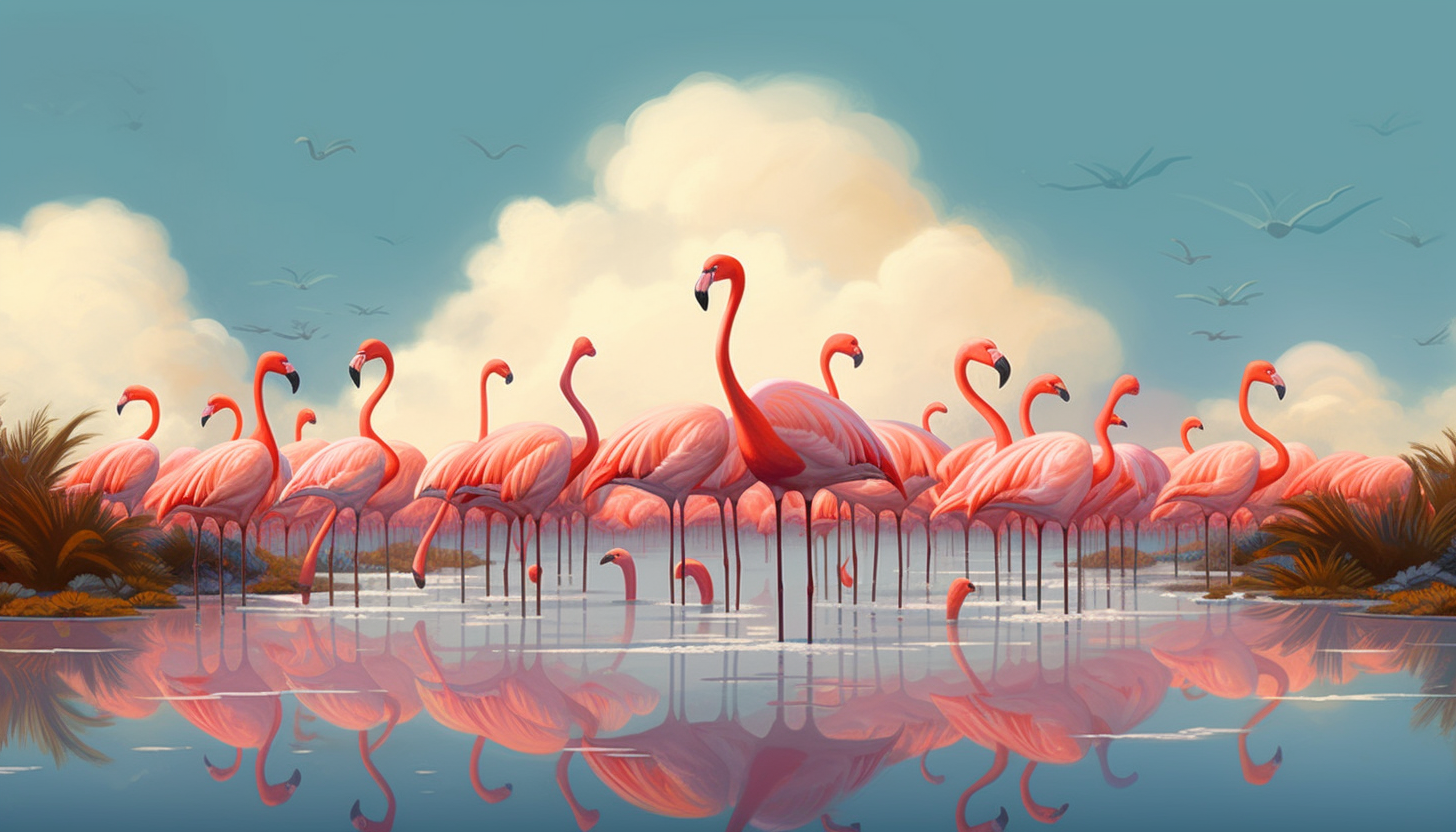 A vibrant flock of flamingos beside a tranquil lake.