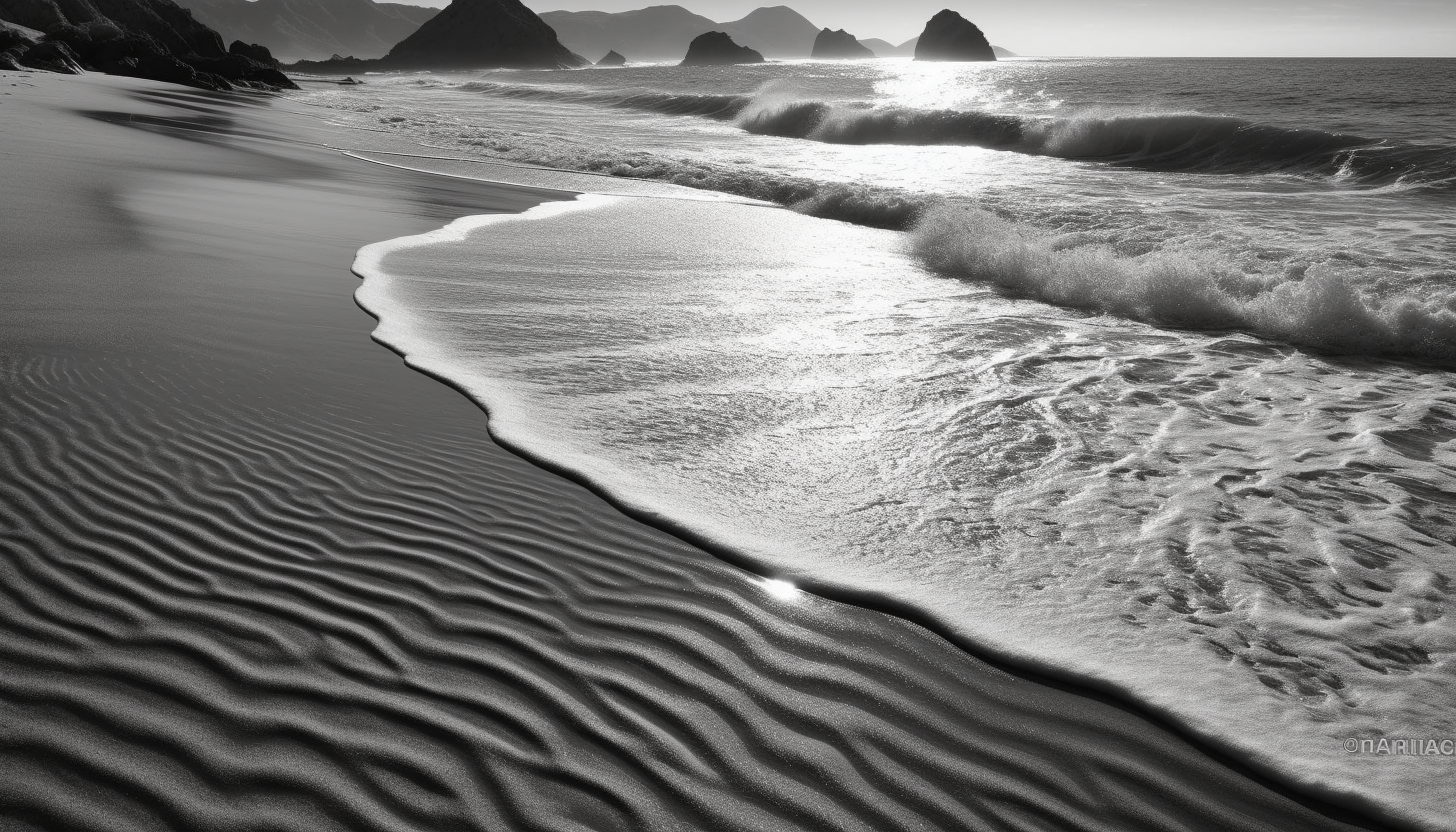 Waves etching intricate patterns on a sandy beach.