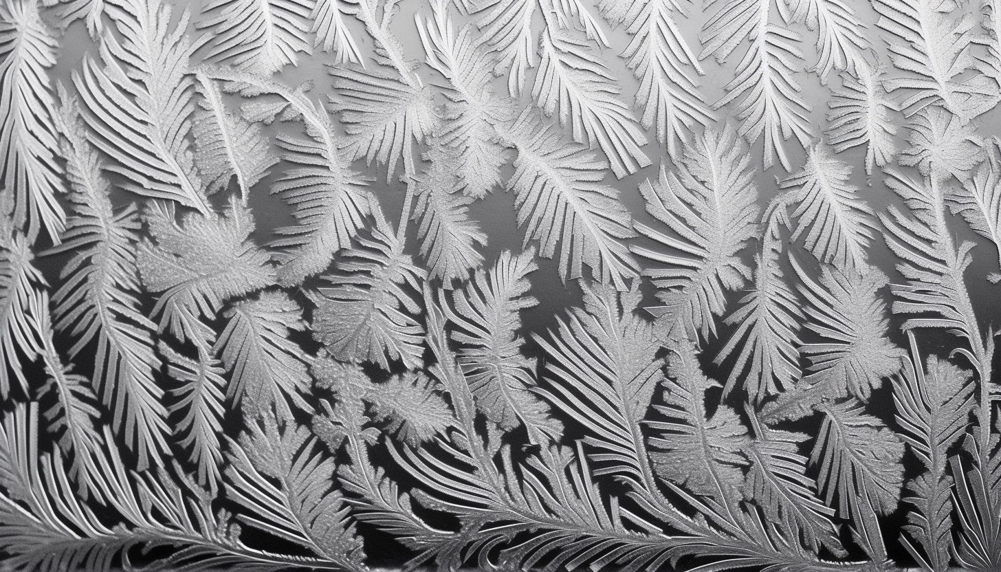 Patterns of frost on a window on a winter morning.