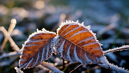 A delicate frost pattern on a leaf in the early morning.