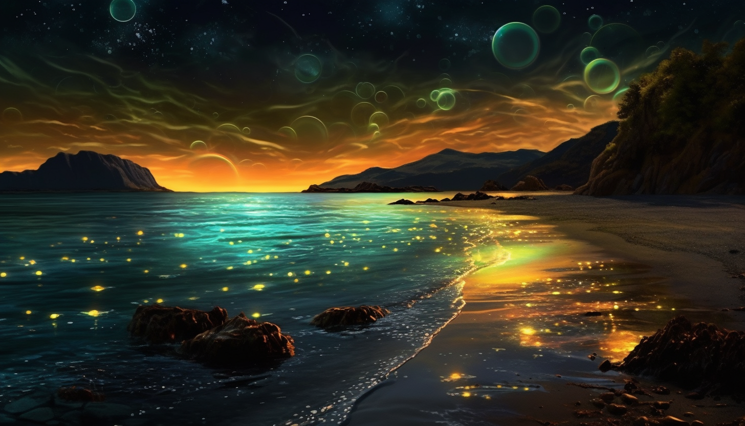 Glowing plankton illuminating a gentle shoreline at night.