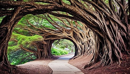 A path leading into a tunnel made from intertwining trees.