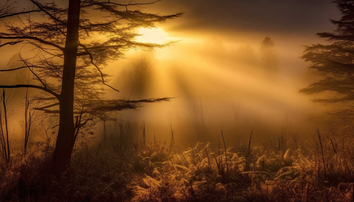 Sun peeking through a dense morning fog.