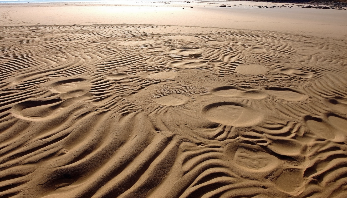 Patterns in the sand left by the receding tide.