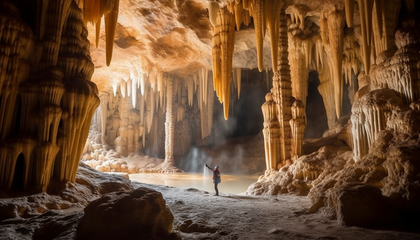 Mysterious stalactites and stalagmites inside an ancient cave.