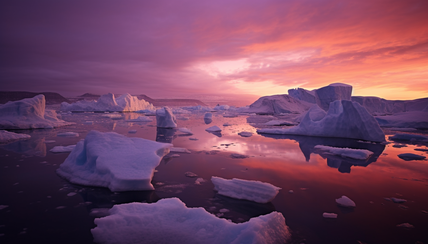 Icebergs floating in arctic waters under a twilight sky.