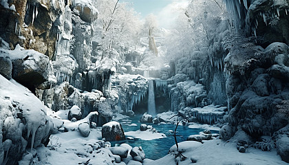 Frozen waterfalls in a winter wonderland.