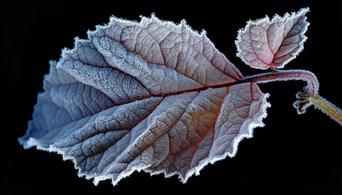 A delicate frost pattern on a leaf in the early morning.