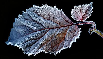 A delicate frost pattern on a leaf in the early morning.