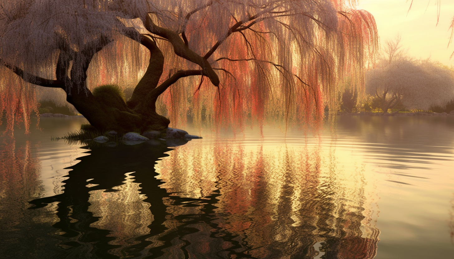 A tranquil pond reflecting a weeping willow in full bloom.