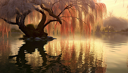 A tranquil pond reflecting a weeping willow in full bloom.