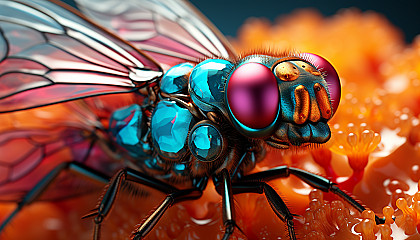 Brightly-colored insect wings with intricate patterns under high magnification.