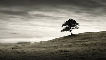 A lonely tree on a hill, shaped by the wind.