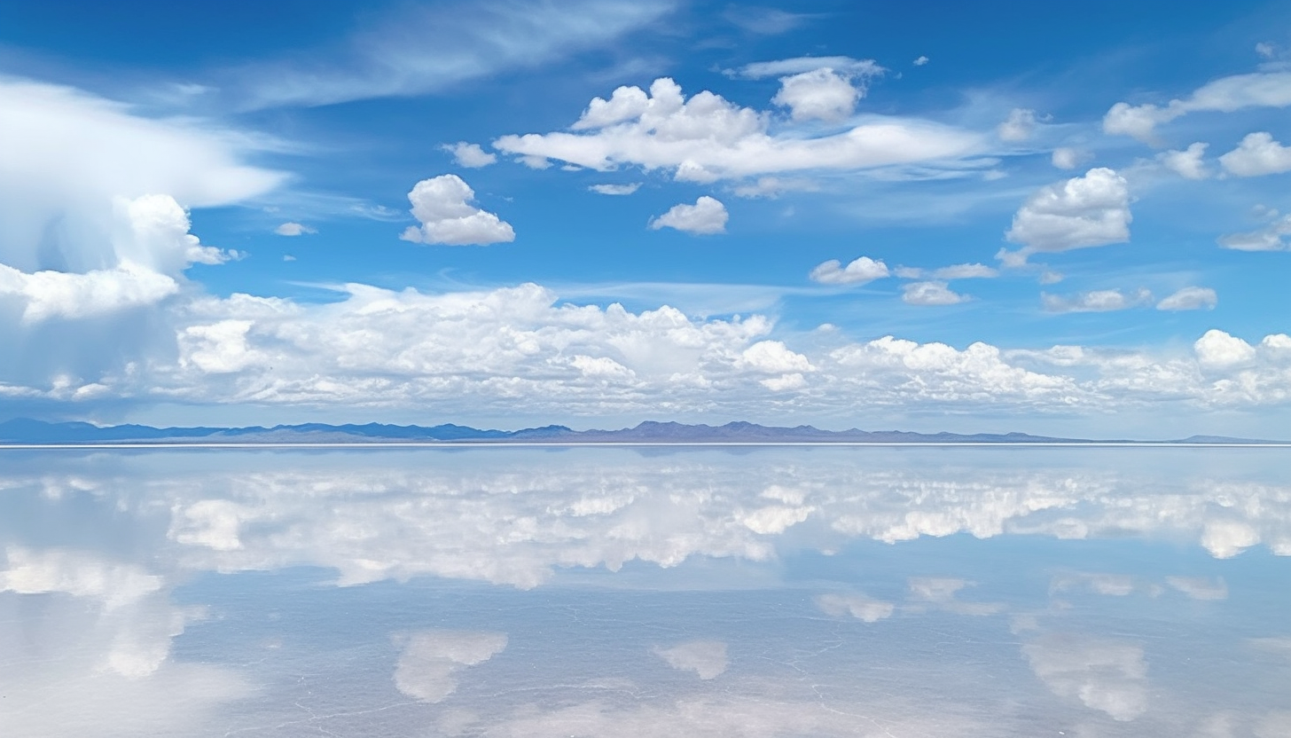 An expanse of salt flats, reflecting the sky like a mirror.