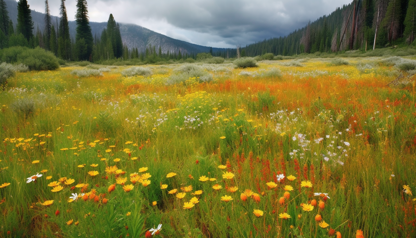 Picturesque meadows filled with vibrant wildflowers and tall grasses.