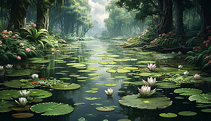 A tranquil pond filled with blooming water lilies.